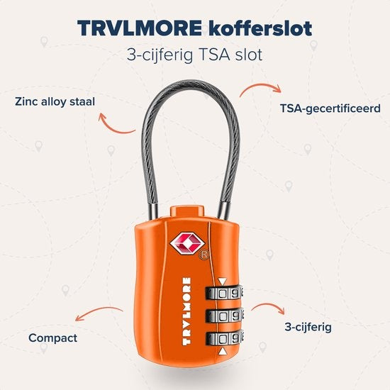 TRVLMORE Serrure de valise - Serrure de voyage TSA - Cadenas - 3 chiffres - 2 pièces - Serrure à chiffres - Orange