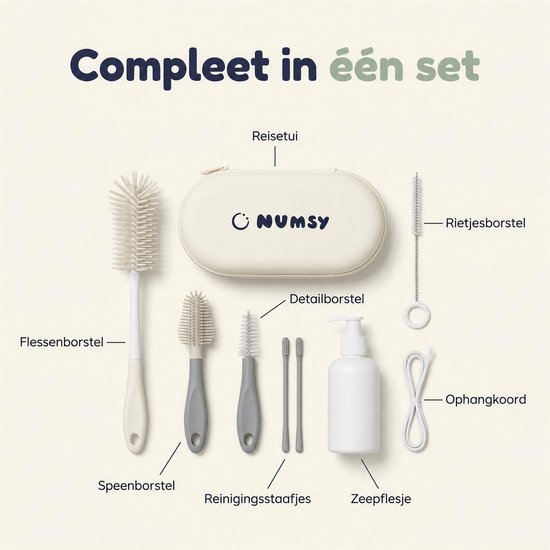 Kit de brosses pour biberons Numsy « On The Go » - Brosse pour biberon en silicone - Brosse pour biberon longue