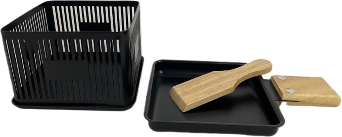 Appareil à Raclette & Fondue au fromage - Set compact pour 1 personne - 10×10×6.5 cm - Spatule en bois incluse - Noir