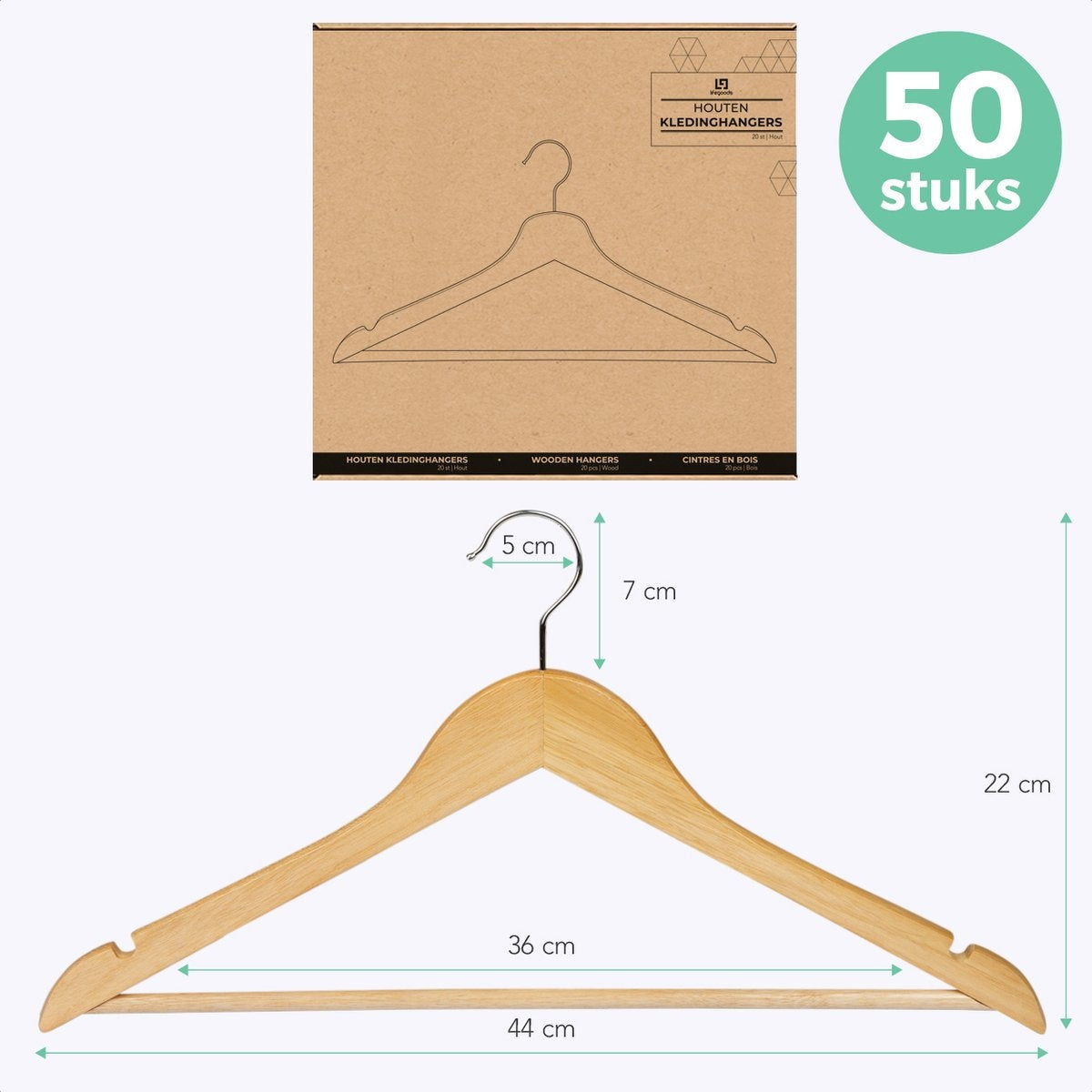 LifeGoods Cintres - Avec barre de pantalon - Bois dur - Naturel - 50 pièces