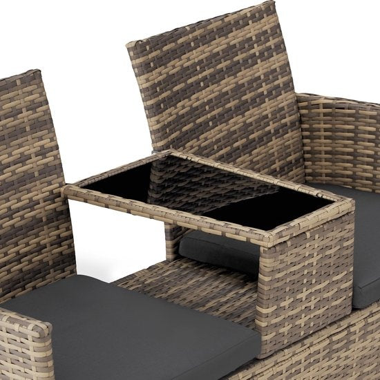 Banc de jardin en osier avec table, Tectake, banc 2 places, 131x61x82 cm, balcon et terrasse, Avec coussin d'assise, naturel/gris foncé, poly-rotin