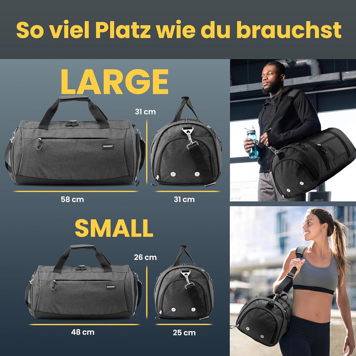 Sac de sport Heroic - Compartiment à chaussures - 50L - 58x31x31cm - Gris