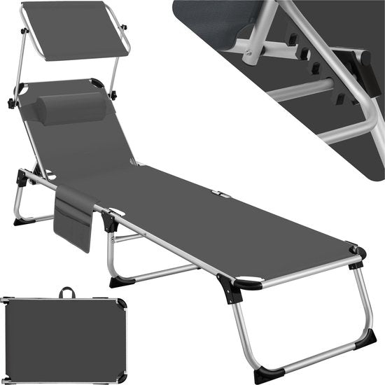 tectake® Lounger Aurelie avec toit solaire et coussin - Lounger - Bain de soleil - Bain de soleil de balcon pliable en aluminium - Bain de jardin résistant aux intempéries pour le jardin, le balcon, le camping et la plage - Dossier réglable avec coussin -
