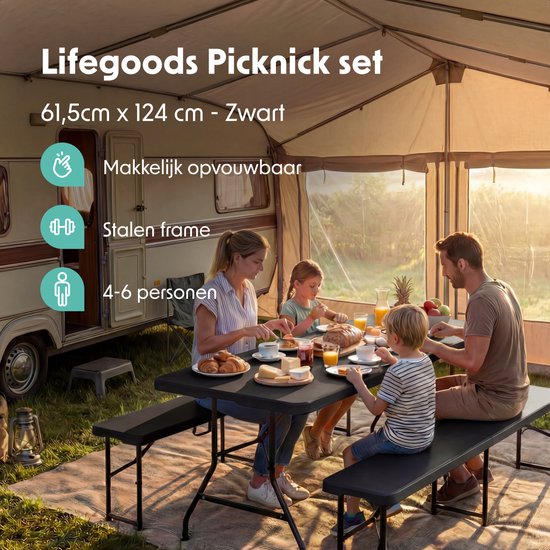 LifeGoods Set de pique-nique pliable - 124cm x 61.5cm - Table de jardin avec 2 bancs - Résistant aux intempéries - Table de camping - Table de bière pliable - Pour l'intérieur et l'extérieur - Pour 4 à 6 personnes - Noir