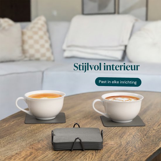 Sous-verres en simili cuir Castagnola – Sous-verres pour verres – Sous-verres design avec support – Lot de sous-verres en cuir avec support métallique – Cuir – Lot de 10 – Gris – 10 x 10 cm