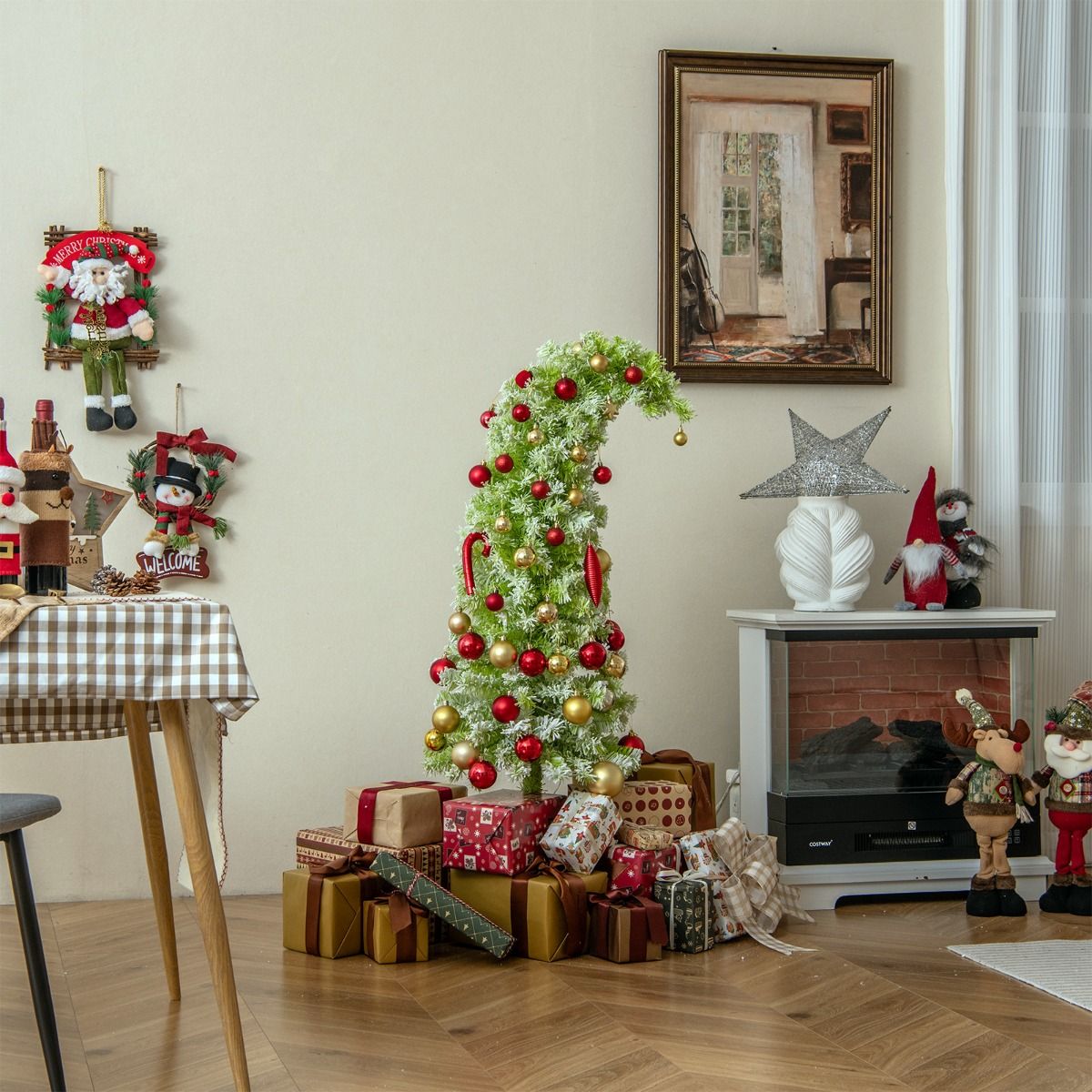Coast Arbre de Noël artificiel avec lumières et neige - 50 x 180 cm - avec sommet pliable et 120 lumières LED blanc chaud et 8 modes d'éclairage - pour le thème de Noël et de l'hiver - PVC vert neige et métal