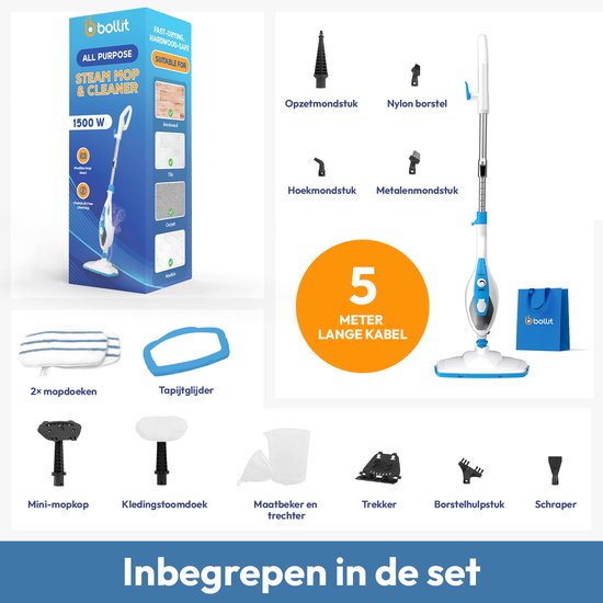 BOLLIT Nettoyeur vapeur haute pression 2 en 1 - Sèche-mains - 1500W 16 en 1 - Nettoyeur de taches - Pour tous les sols, canapés, salles de bains et moquettes