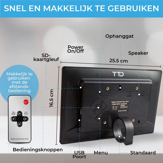 TTD® Dementia Clock XXL 10 pouces avec câble extra long - Horloge calendrier avec jour, date et météo - Affichages analogique et numérique - 20 alarmes et 3 alarmes médicales - Wi-Fi - Pour les personnes âgées, les malvoyants, les seniors et les personnes
