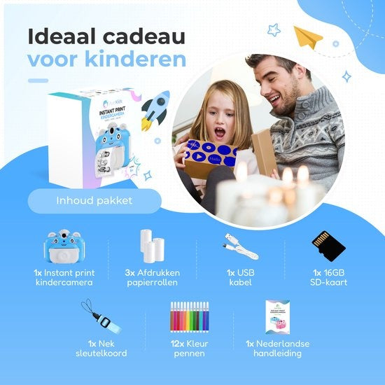 AyeKids Instant Print Kids Camera - Mini imprimante thermique - Imprimante photo - Comprend 3 rouleaux et 12 marqueurs de couleur - Bleu