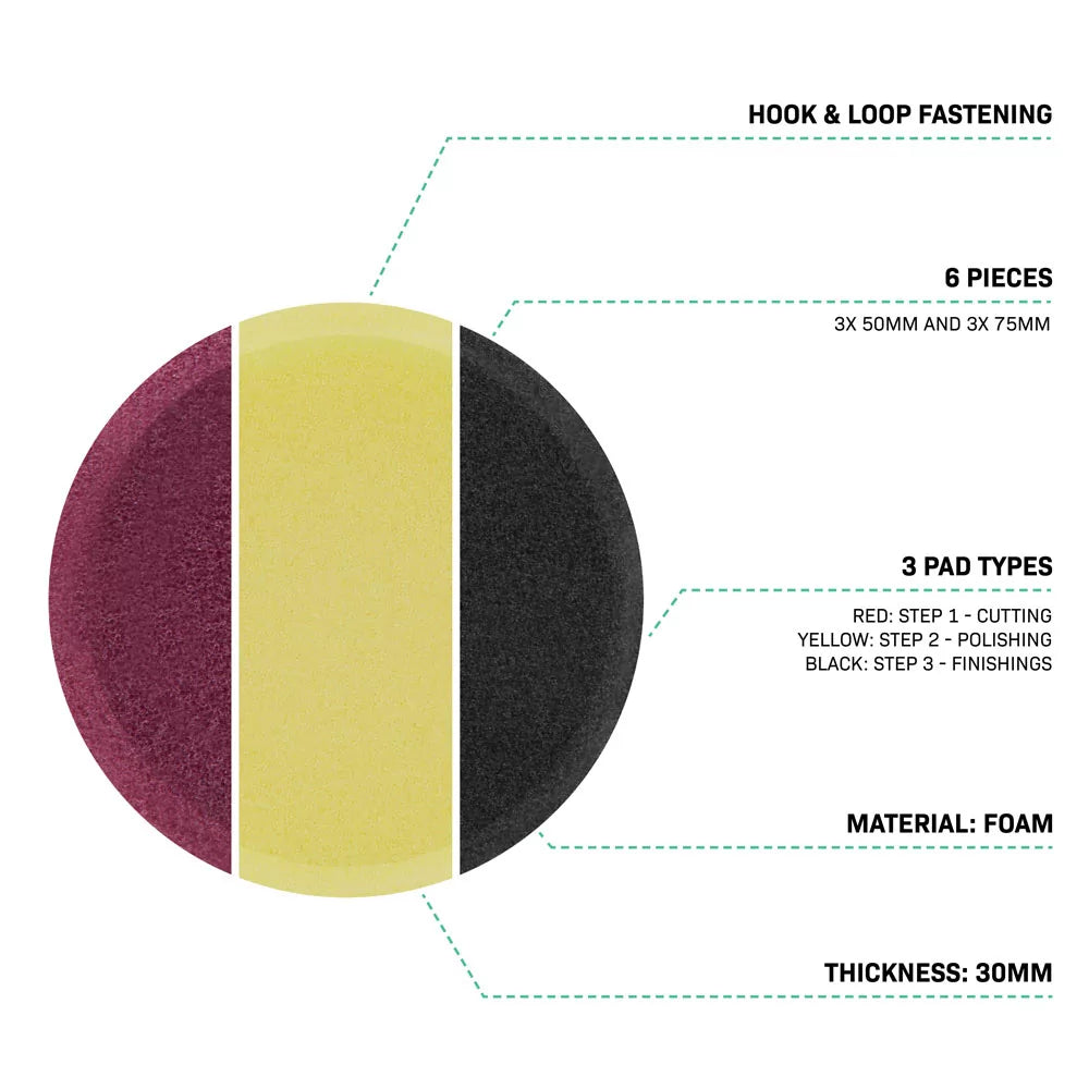 VONROC Set de tampons de polissage - 6 pièces | Ø50 & 75 mm | Pour le polissage grossier, la finition et la brillance | Polisseuses à double action