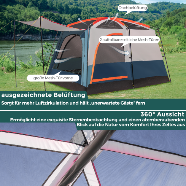 Tente de camping Coast pour 6 personnes avec 2 espaces de couchage et une cloison de séparation – Tente familiale avec housse de pluie et auvent – Bleu