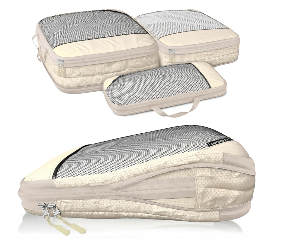 Lot de 3 cubes de rangement compressibles LOONARA Travel, beige, 35 x 28 x 10 cm
