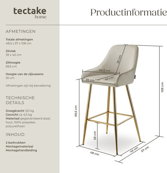 tectake® - Lot de 2 tabourets de bar Avane - Tabouret de bar rembourré avec dossier - Tabourets de bar - Tabouret de bar ergonomique avec repose-pieds - Chaise de salle à manger avec revêtement en velours - Pieds robustes en acier avec protection antidéra