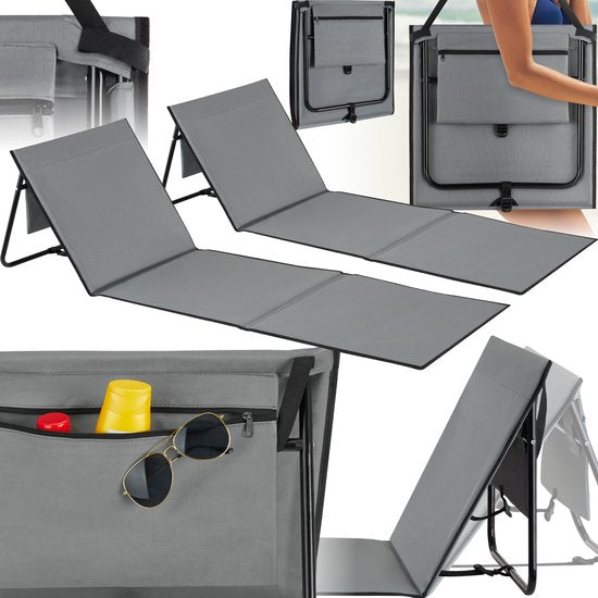 tectake® Beach Mat - Lot de 2 tapis de plage pliables avec dossier réglable, sangle de transport et compartiment de rangement - Idéal pour la plage, le camping ou le jardin - Léger et facile d'entretien - Gris
