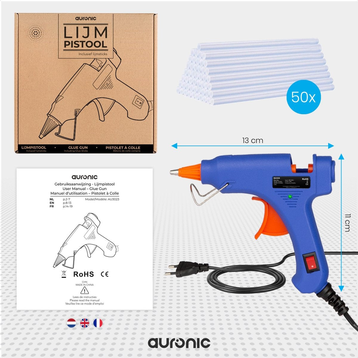 Pistolet à colle Auronic - avec 50 cartouches de colle - 20W