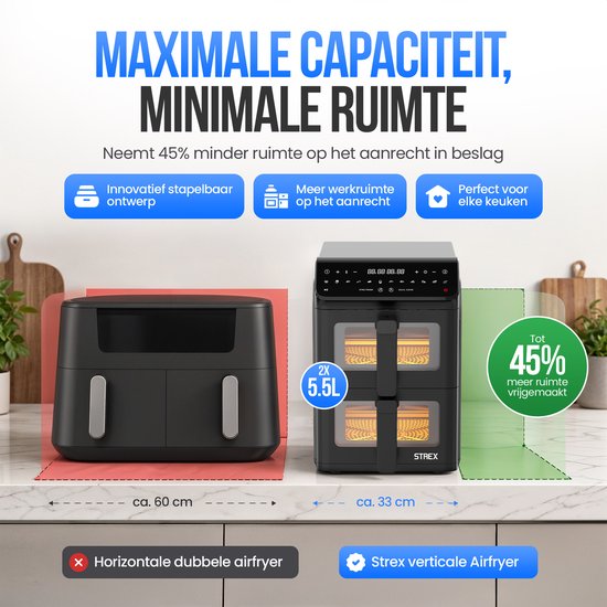 Strex Airfryer à double panier 11 L XXL, friteuse à air chaud 2 500 W - Airfryer à 2 paniers - Dual Basket - 13 programmes de cuisson - Grande friteuse à air chaud verticale pour toute la famille