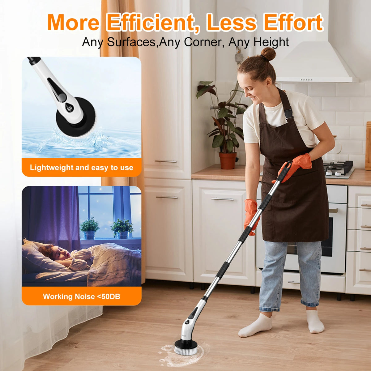 Brosse à récurer électrique sans fil Prasky - 9 têtes de brosse et manche télescopique de 55 à 120 cm - 400 tr/min - Étanche IPX8 - Noir