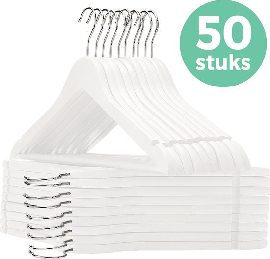 LifeGoods Cintres - Avec barre de pantalon - Bois dur - Blanc - 50 pièces