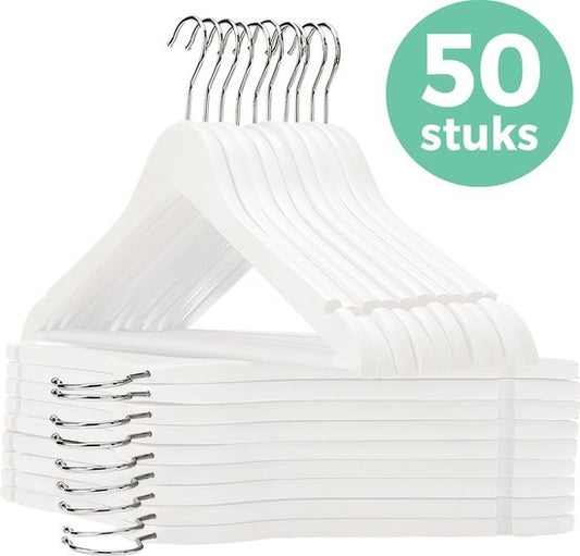 LifeGoods Cintres - Avec barre de pantalon - Bois dur - Blanc - 50 pièces
