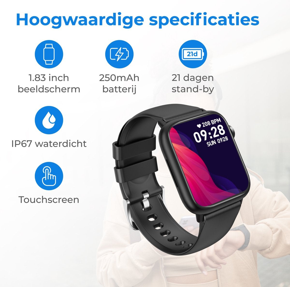 Nuvance - Smartwatch Homme et Femme - 45mm - pour iOS et Android - podomètre et moniteur de fréquence cardiaque - étanche - noir