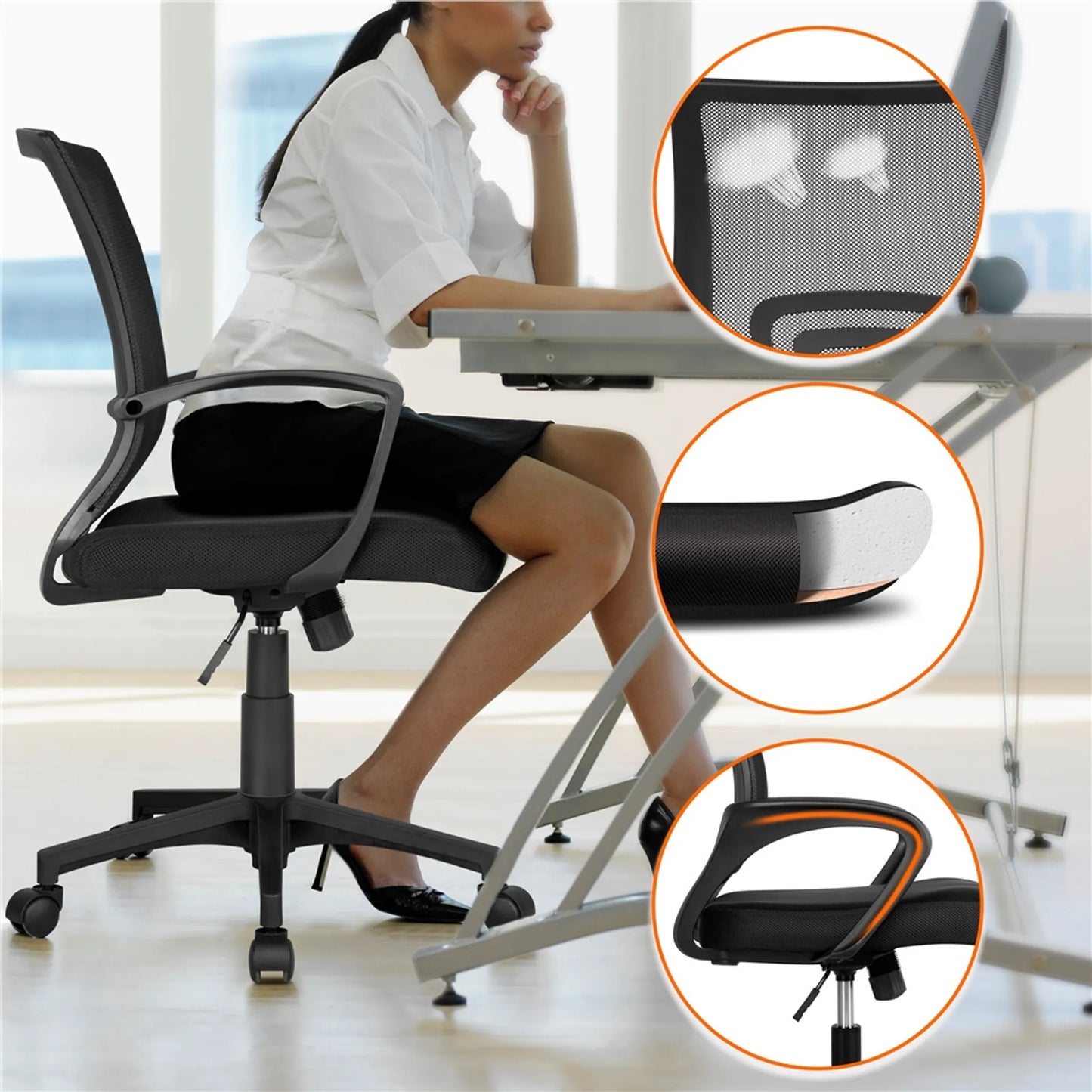 Chaise de bureau ergonomique Yaheetech - avec tissu en maille respirant, fonction oscillante et hauteur d'assise réglable - pour le bureau et l'étude - Nylon noir et métal - 60 x 60 x 91-100,5 cm