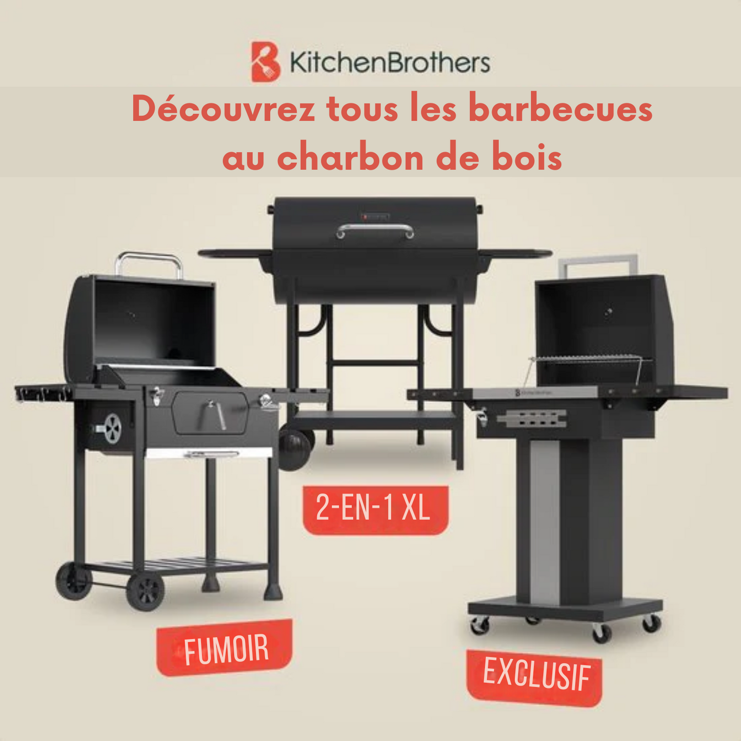 Barbecue au charbon de bois – KitchenBrothers – Barbecue Grill - Avec couvercle, grille de réchauffage & roulettes – 81 x 48 x 94 cm – Noir