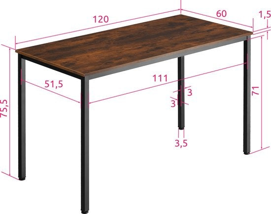 tectake - bureau hoekbureau bureautafel kantoorbureau - industrieel donkerbruin - 120 x 60 x 75,5 cm