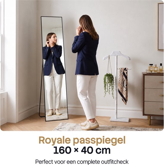 Infinity Goods Miroir en pied - Miroir mural - Miroir rectangulaire sur pied - Bordure métallique luxueuse - 160 x 40 cm - Noir