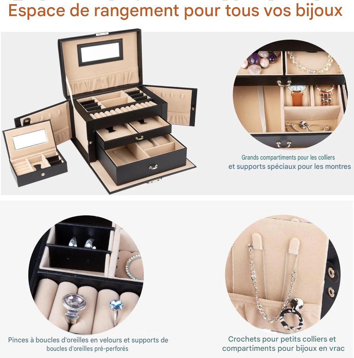 LifeGoods Boîte à bijoux XL - Boîte à bijoux - 20 compartiments - Noir/Beige