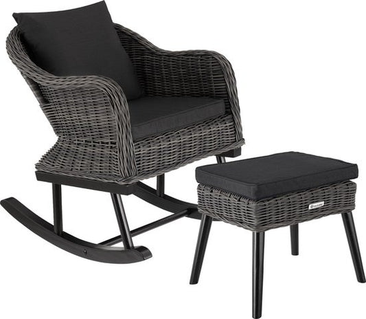 tectake - Fauteuil à bascule en osier Rovigo avec pouf Vibo - gris - poly-rattan
