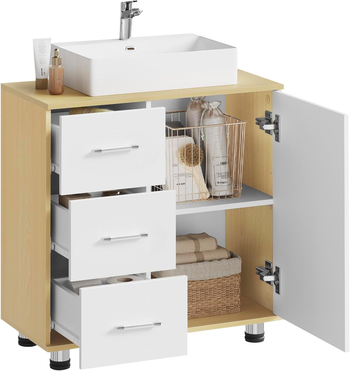 Meuble de salle de bains Eugad blanc/chêne clair - 60 x 60 x 30 cm - 3 tiroirs - Étagère réglable