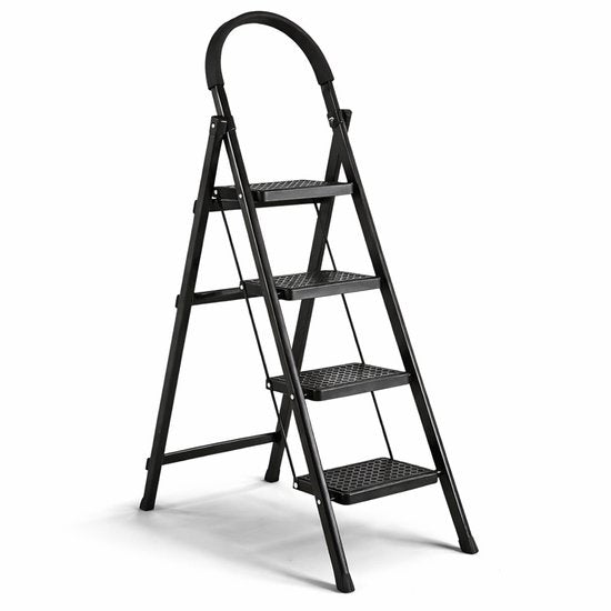 ToolX Household Ladders - Kitchen Ladders - Steel- 4 treads- Foldable - Anti-slip - Foldable - Black