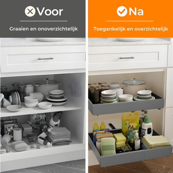 Posity Tiroir coulissant - Organisateur de meuble de cuisine - Organisateur de meuble/tiroir d'évier - tiroir intérieur de cuisine - Extensible et ajustable (32-52 cm) - Télescopique - Gris