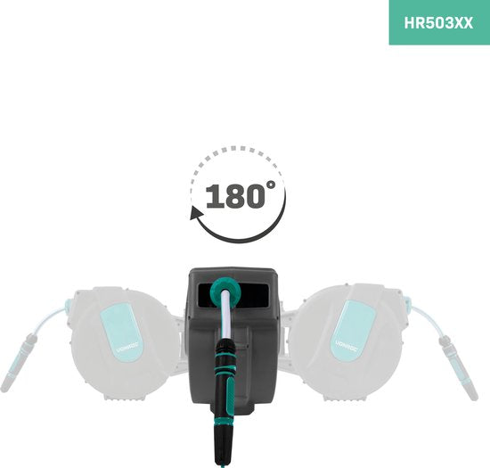 Enrouleur de tuyau automatique - VONROC – Incl. Tuyau d'arrosage de 15 m, tuyau de raccordement, buse, raccords et raccord de robinet - noir vert