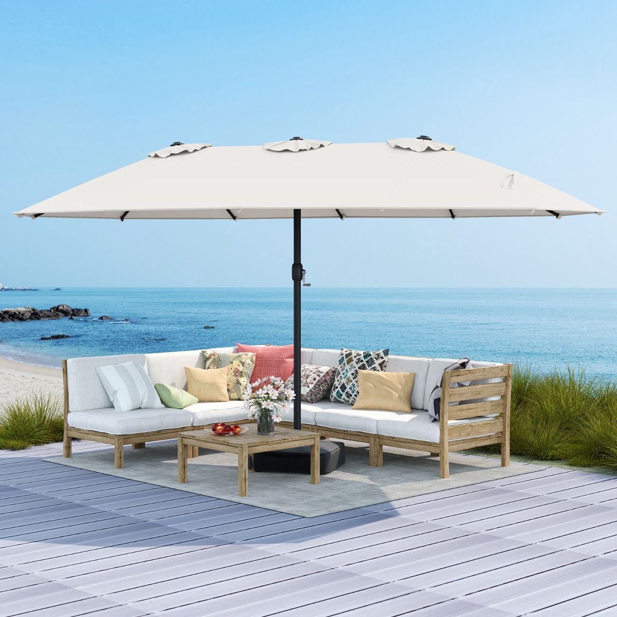 Coast Double Terrace Parasol 464x286 cm Beige - Grand parasol d'extérieur avec 12 poutres en métal, base stable et sacs de poids