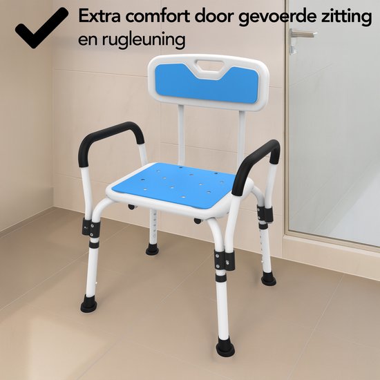 Brixy Chaise de douche avec dossier et accoudoir amovibles - Antidérapant - Hauteur réglable - Max. 150 kg - Tabouret de douche - Chaise de salle de bain