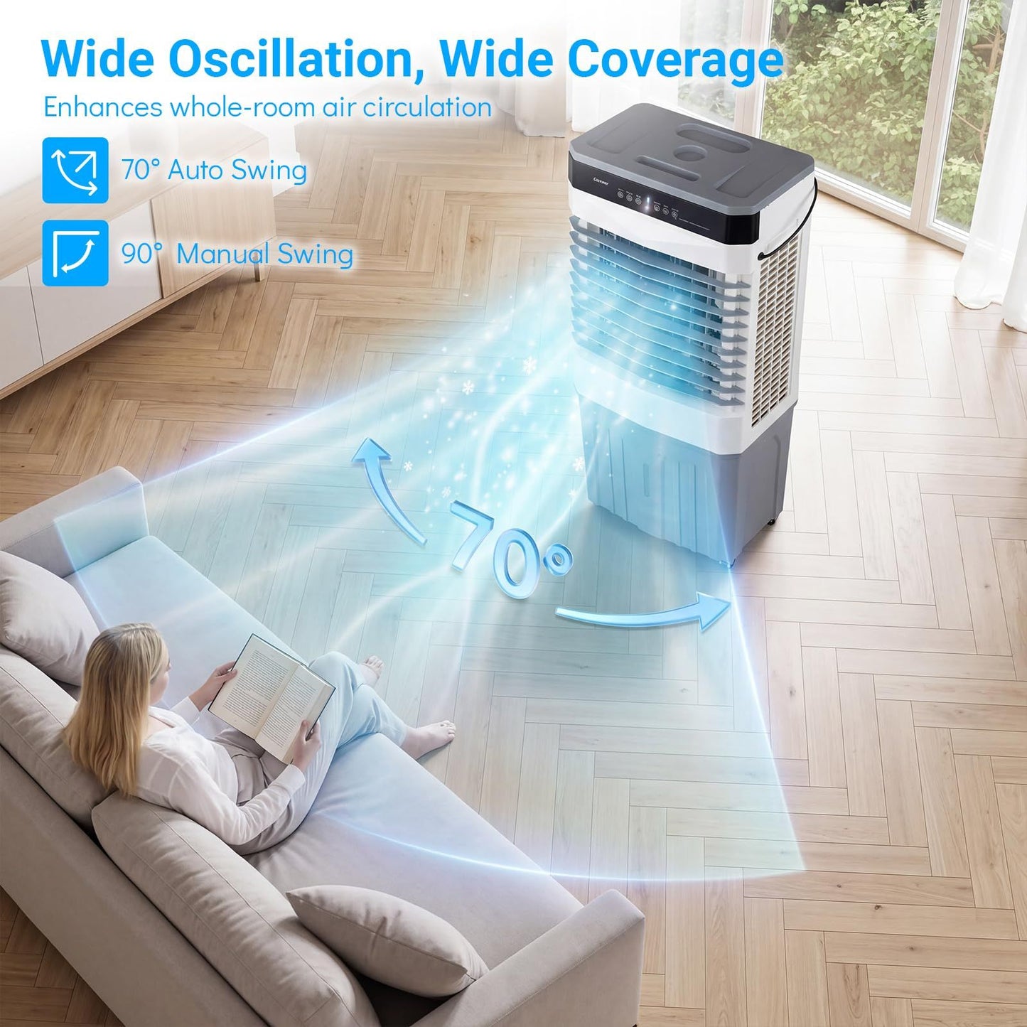Ventilateur portable et refroidisseur d'air Coast avec télécommande - Réservoir d'eau de 27 L - 3 vitesses - 49 x 31 x 109 cm - Blanc/Gris