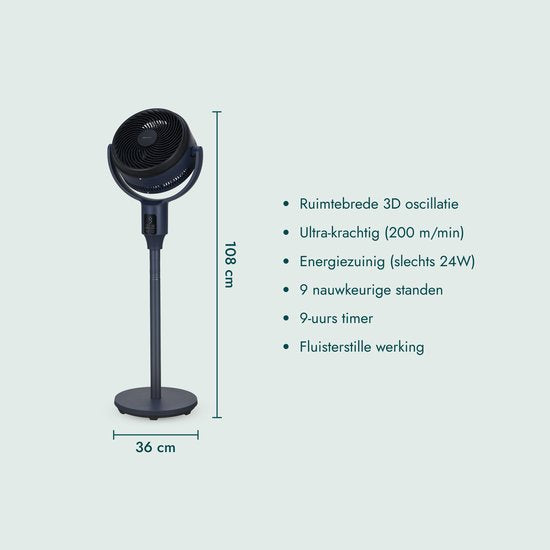 Ventilateur Bloomfold Breeze - 108 cm - Bleu nuit - Commande tactile - Oscillation 3D - Minuterie - 9 vitesses