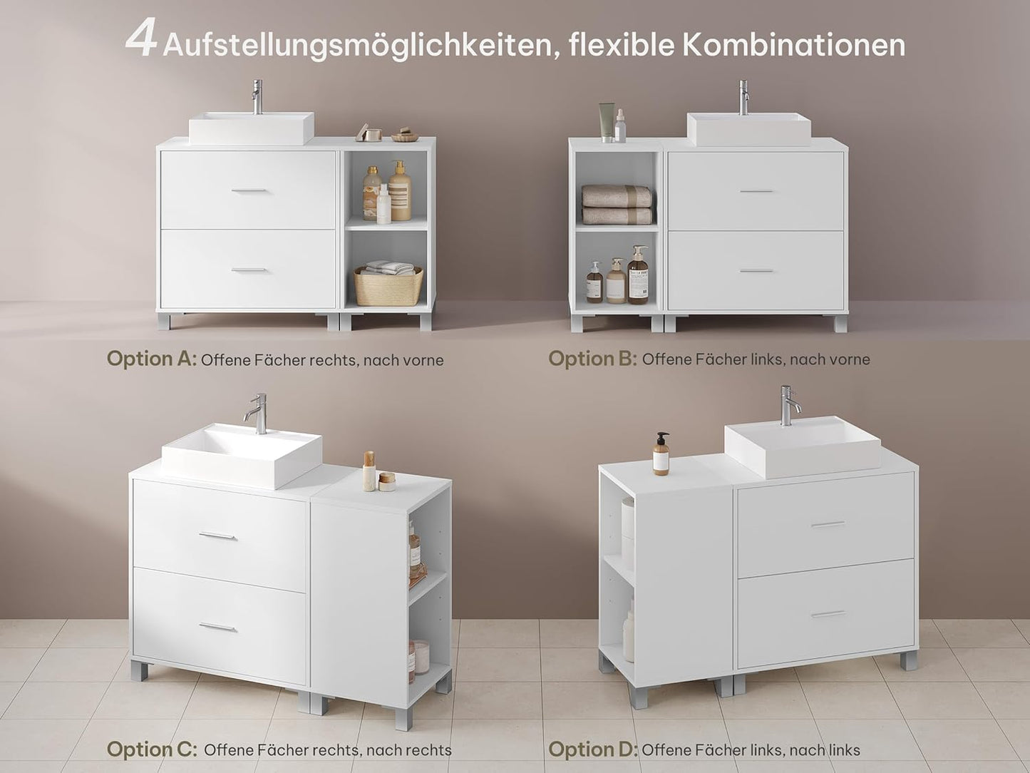 eSituro SBP0098 meuble bas pour lavabo meuble de salle de bain - blanc - 2 grands tiroirs - meuble latéral pouvant être placé à gauche ou à droite
