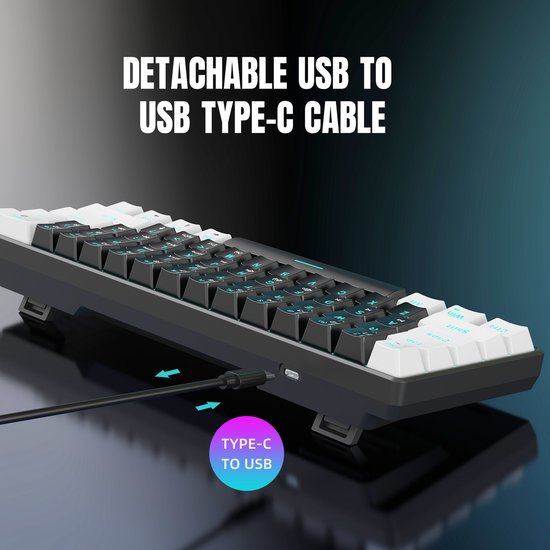 HXSJ V900 - Clavier de jeu filaire - mécanique - RVB - commutateur bleu - 61 touches - claviers QWERTY - noir blanc