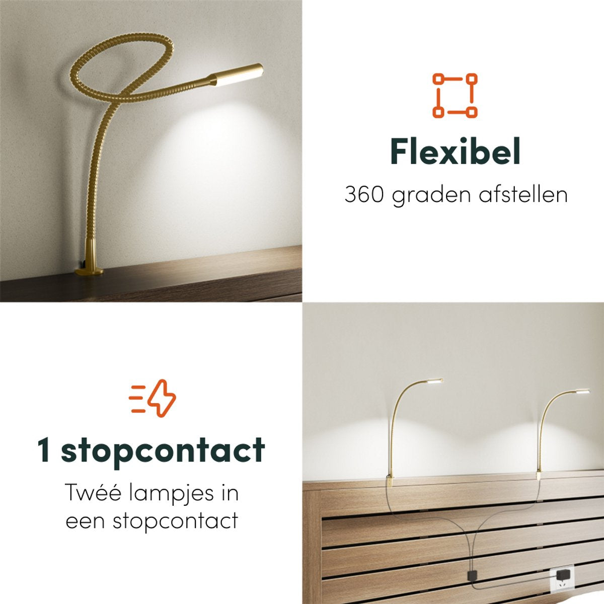 Nolt - Lampe de lecture Lampe de chevet - LED dimmable, lot de 2, pince - Hauteur 58 cm - Métal - Or