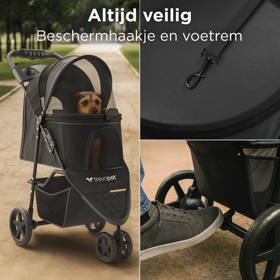 TrevoPet® Buggy pour chien pliable - pour petits et moyens chiens jusqu'à 15 kg - hydrofuge avec porte-gobelet, panier de rangement - noir