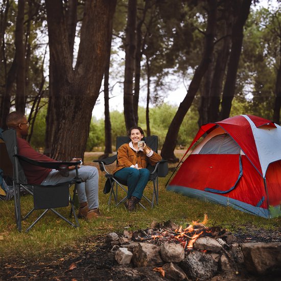 TRVLMORE Chaise de camping - Pliable - Chaise pliante confortable - Capacité de charge de 150 kg - Porte-boisson - Compartiment pour glacière - Poche latérale - Noir