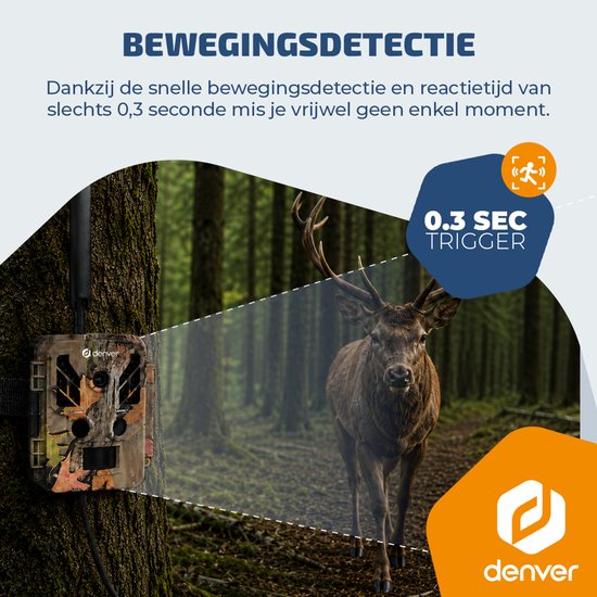 Caméra de surveillance Denver avec vision nocturne et connexion 4G - Diffusion en direct - Vidéo 4K Ultra HD - 48 MP - Alimentation solaire - Application TrailCam Go - WSL8050