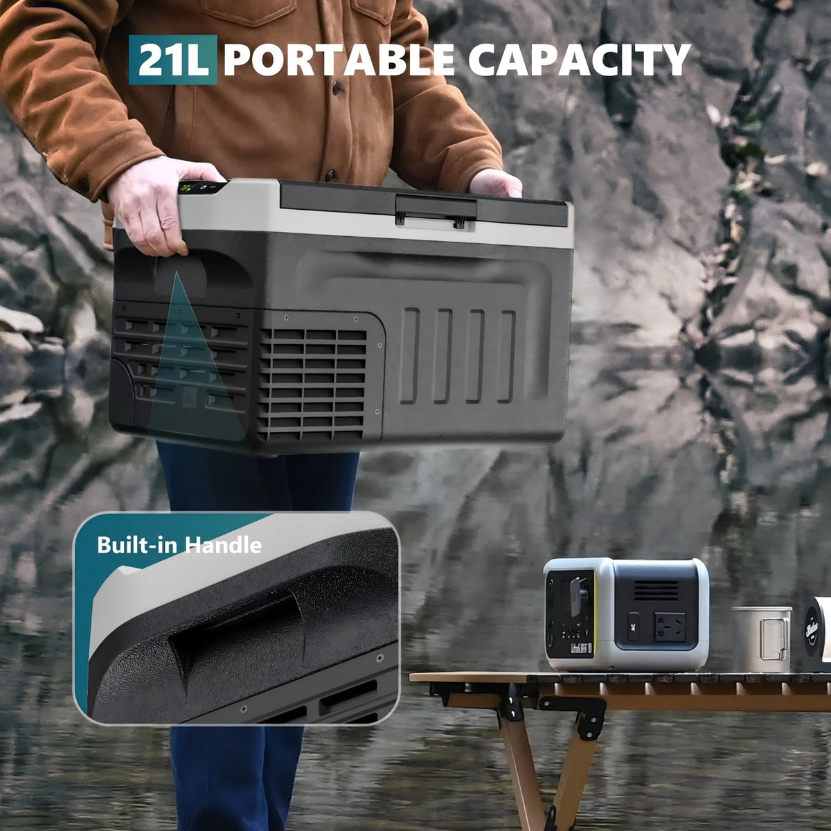 Glacière à compresseur Euhomy 21 litres - Réfrigération et congélation de -20 à 20 °C - 12/24 V et 230 V - Commande via une application - Éclairage LED