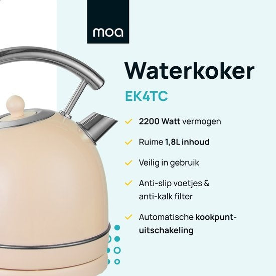 Bouilloire électrique - MOA Retro - 2200W – 1,8 L – Acier inoxydable – Crème pastel