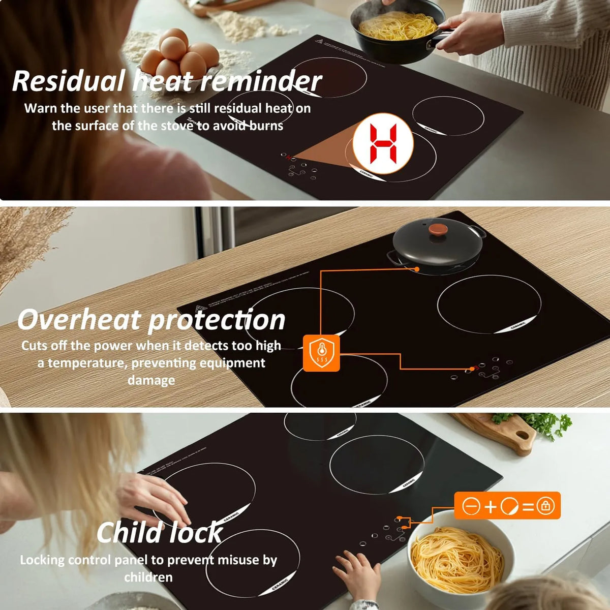 Plaque de cuisson encastrable en céramique Topwish 4 zones - 60 cm - 6 600 W - Commande tactile - Sécurité enfants