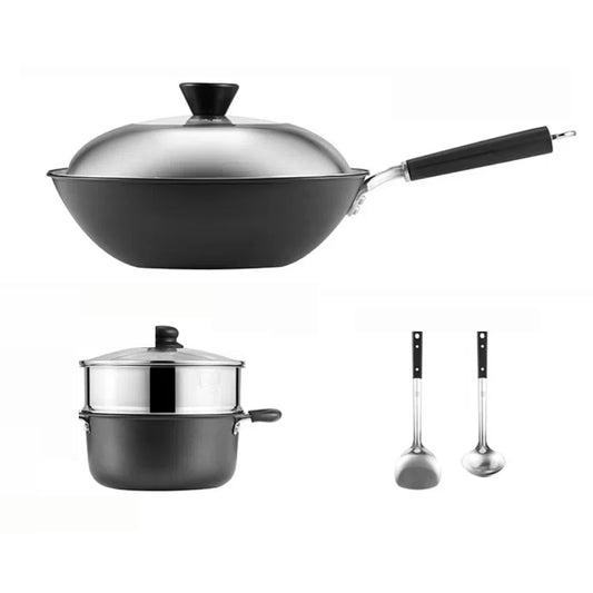 Batterie de cuisine Cooker King 5 pièces - Wok en fonte 4,5 L - Casserole en aluminium 3 L - Panier vapeur en acier inoxydable - 2 spatules