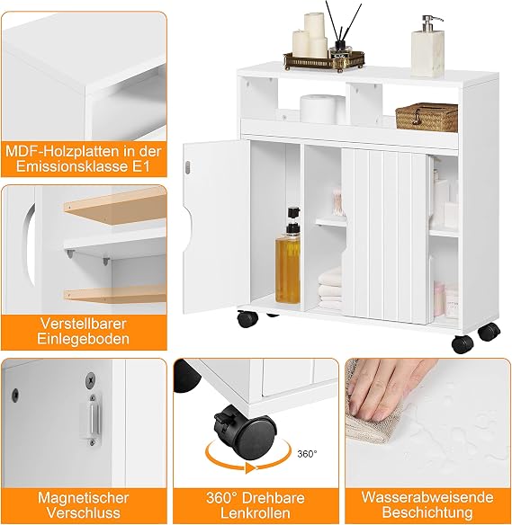 Armoire de salle de bains Yaheetech 69,5 x 20 x 71,5 cm - Portes coulissantes - Roulettes - Blanc