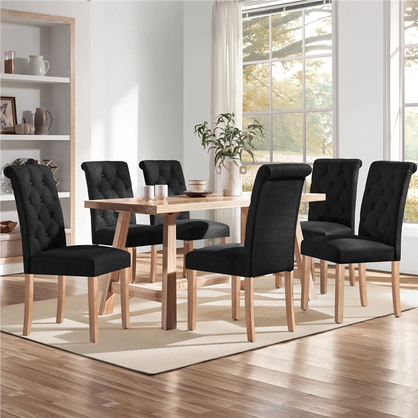 Yaheetech Chaise de salle à manger à dossier haut 2 pièces - avec dossier rembourré et pieds en chêne massif et pieds protecteurs réglables - pour cuisine et restaurant - polyester noir et chêne - 45,5 x 62 x 98,5 cm